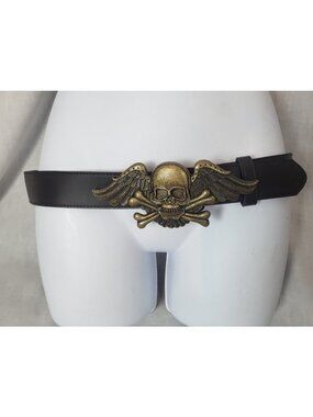 Vintage Y2K Goth Belt Crossbones Wings Size 36” Black Gold Women's Grunge
